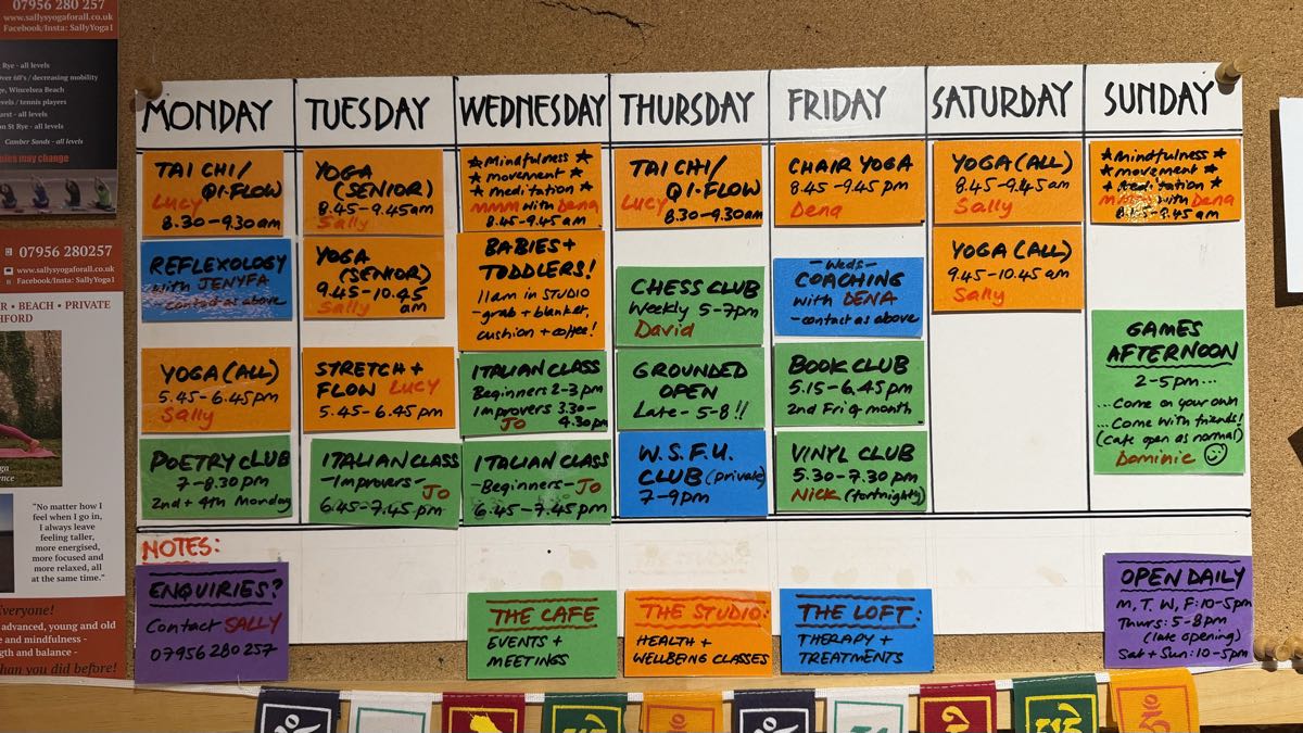 The timetable pinned up in the cafe: a hand-lettered week grid of coloured cards, one column per day.